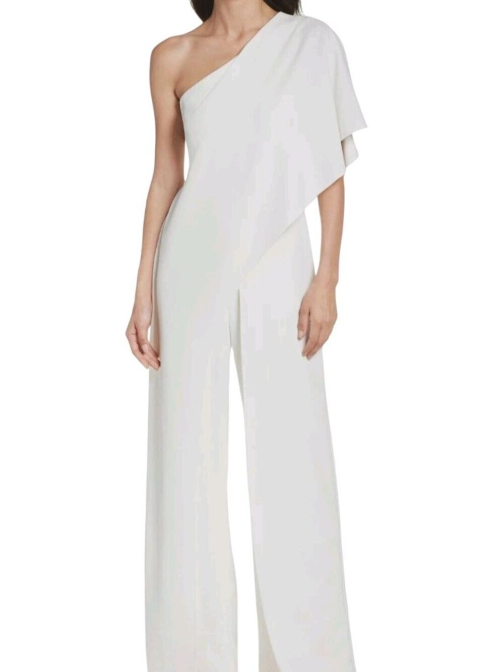 Adrianna Papell One Shoulder Flutter SleeveWide Leg Jumpsuit Ivory Lined Size 14